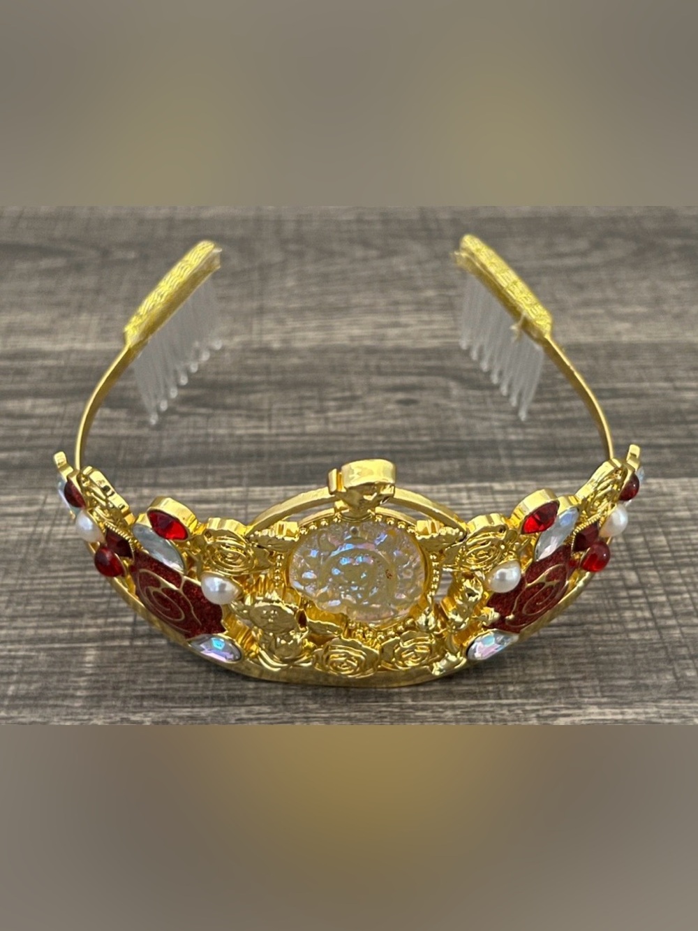 Disney Princess Belle Gold Tiara Crown Headband w/ Comb Red Gems Rhinestones